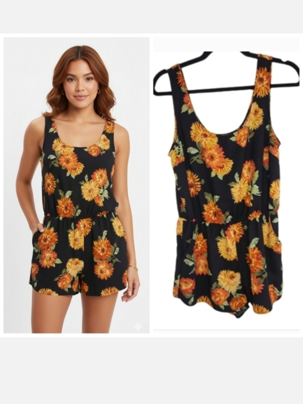 Forever 21 black floral sleeveless shorts romper women's size medium